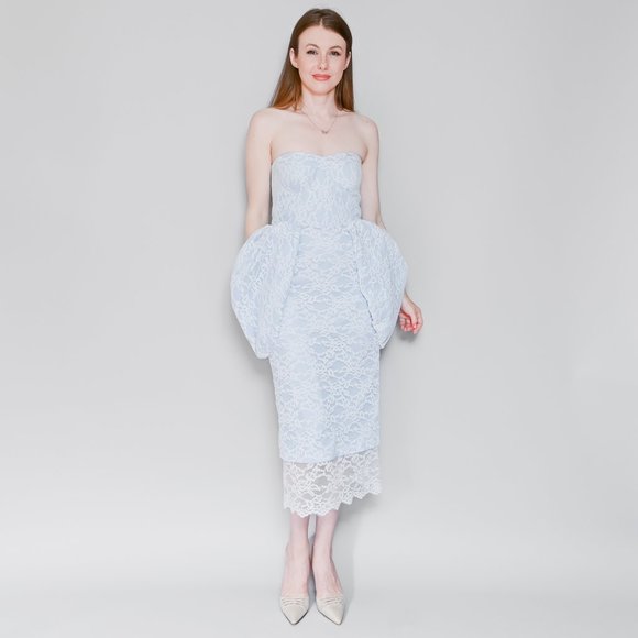 640. CALVIN LUO Blue Lace Overlay Strapless Peplum Dress M - Picture 7 of 12